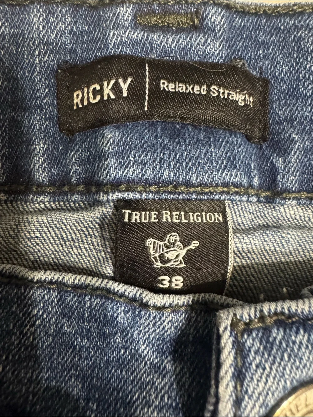 True Religion Men’s Ricky Relaxed Straight Jeans 38 Medium Wash Flap Pocket